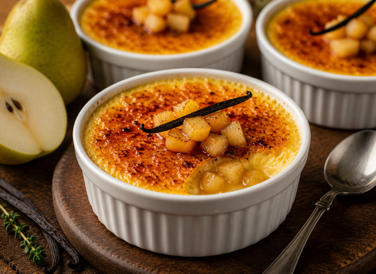 Crème brûlée à la poire – recette de Chef Oli
