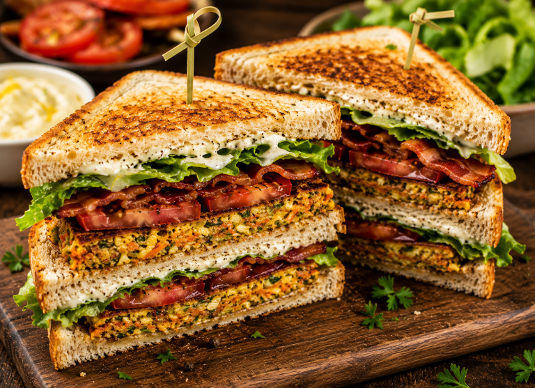 Club sandwich au tofu croustillant et légumes râpés – recette de Chef Oli