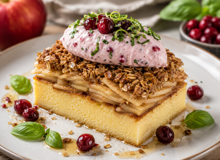 Croustade aux pommes sur flan spongieux, mousse ricotta-canneberge – recette de Chef Oli