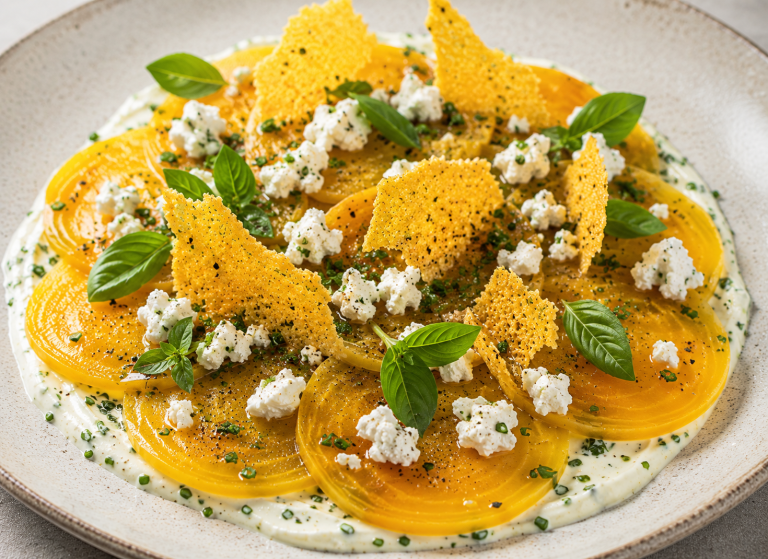 Carpaccio de betteraves au fromage de chèvre et croustilles de polenta – recette de Chef Oli